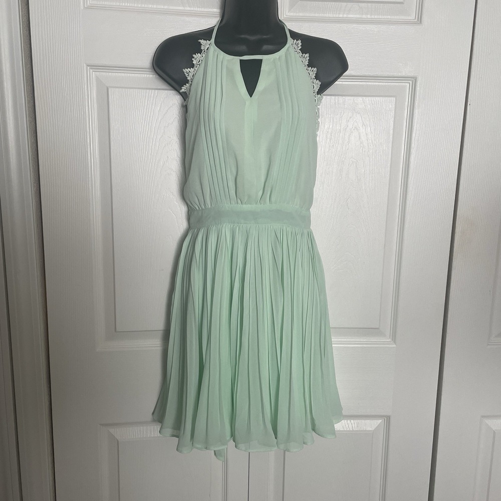 Double Zero Crochet Lace Pleated‎ Chiffon Halter Dress S Mint Green Fairycore